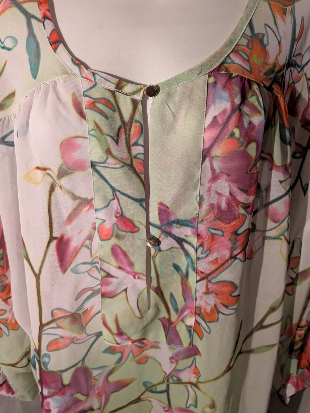 Jennifer Lopez Pastel Floral Sheer Blouse - Green/Pink/Orange - Picture 2 of 8